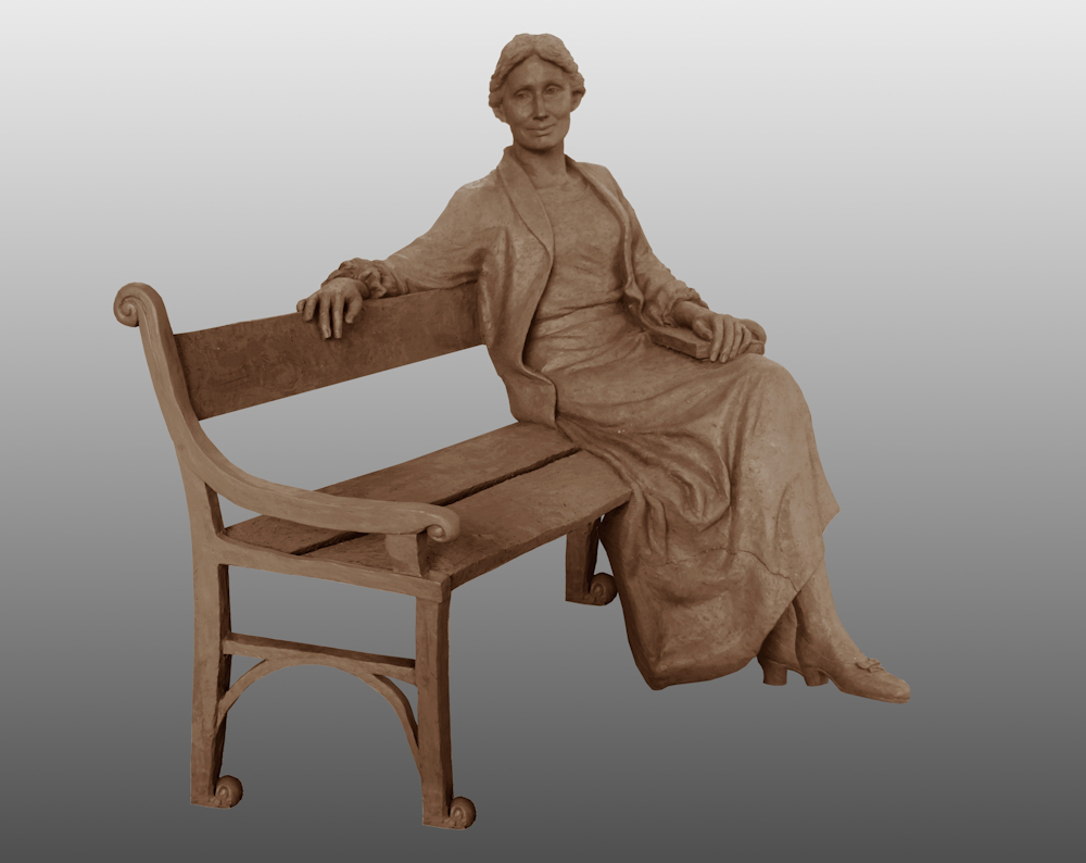 Cropped photo of clay stage lifesize sculpture of Virginia Woolf