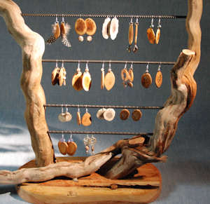 Handmade wood earrings, antler earrings and some with feathers - click here to see larger view