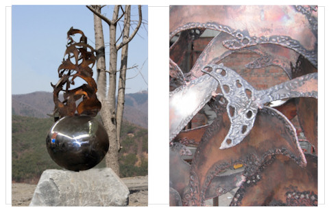 Dolphins Dancing - a sculpture reated in copper and stainless steel by Laury for the city of Ulsan, South Korea, click for more details